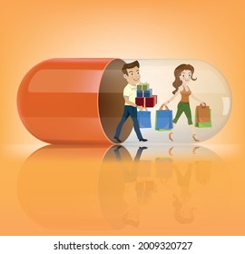Medical orange  capsule with couple shopping on blue background. Vector illustration