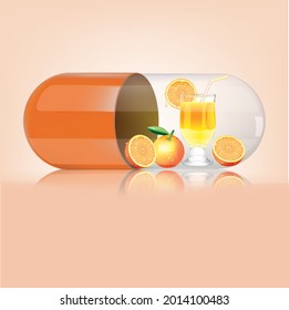 Medical orange capsule with orange glass  on orange background. Vector illustration