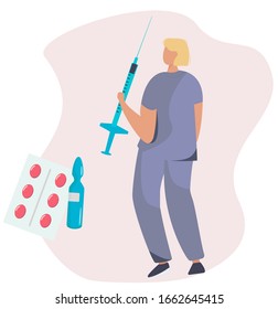 Medical Orderly doing Injection. Female Doctor or Nurse in Medical Purple Outfit in the hospital. Social Worker Care. Pink background with Ampoule, Drug,
and Pills. Flat Vector Illustration