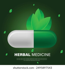 Cápsula orgánica médica con Ilustración vectorial de hojas verdes frescas. Antecedentes sobre el tema farmacéutico, medicina herbaria.