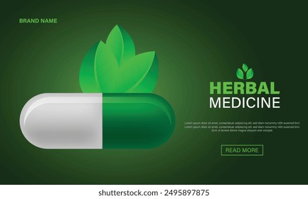 Cápsula orgánica médica con hojas verdes frescas Ilustración vectorial Anuncio Horizontal. Antecedentes sobre el tema farmacéutico, medicina herbaria.