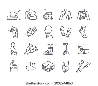 Medical Orthopedic Icons. Line of art stickers with various injuries of bones and joints. Body parts with bandages. Design elements for web. Cartoon flat vector set isolated on white background