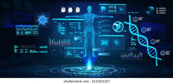 Medical orthopedics and healthcare examination with HUD interface. Hi-tech medical clinic with full body examination. Modern medical science. X-ray men body and HUD interface. Healthcare vector