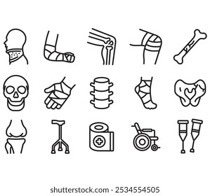 Medical Orthopedics Icon Set. Contains icons such as broken bones, bandages, wheelchair and more. Thin line vector.