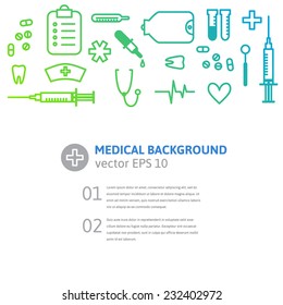 Medical outline background with stylized clinic instruments and symbols. Vector illustration for your design.