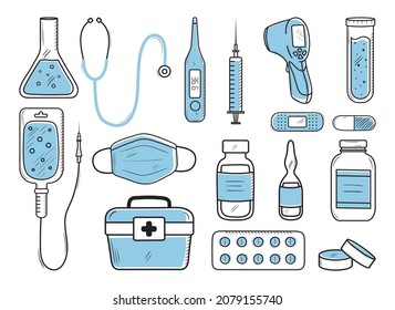 Elementos de doodle de contorno médico con formas de color azul. Vacunación, tratamiento con virus de la corona y gripe, píldoras, botellas, ilustraciones de vectores de ambulancia. Dibujo esquemático de varios símbolos hospitalarios