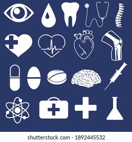 Conjunto de iconos de esquema médico. Corazón humano, rodilla, órgano cerebral. Gráficos vectoriales