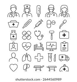 Medical outline icon set. Vector collection of healthcare, hospital, and emergency symbols