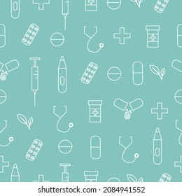 Medical outline seamless pattern with pill, syringe, thermometer and stethoscope. Vector illustration on green background