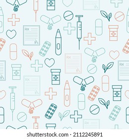 Medical outline seamless pattern with pill, syringe, heart, prescription. Vector illustration on green background