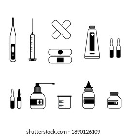 Medical outline vector icon isolated on a white background. Thermometer, syringe, adhesive plaster, ampoules with medication, tube of ointment, throat spray, measuring cup, drops, jar with medication