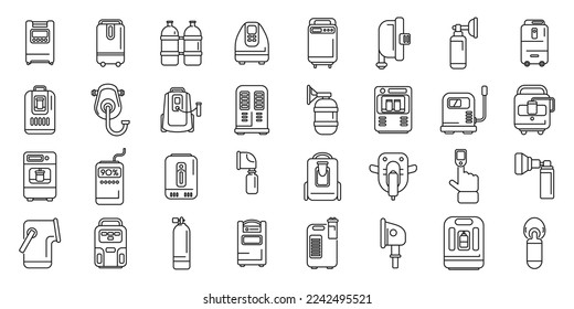 Medical oxygen concentrator icons set outline vector. Aid doctor. Air clinic