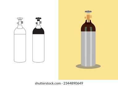 Medical Oxygen Gas Cylinder. This depiction showcases a linear representation of medical symbols, including an editable stroke, and is accompanied by a shadow to enhance its visual dept