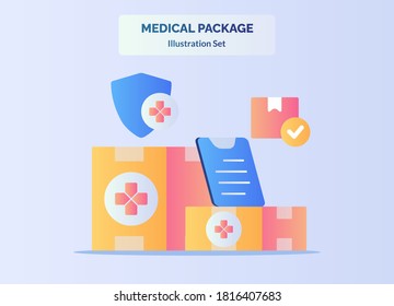 Medical package concept box delivery clipboard shield with flat cartoon style
