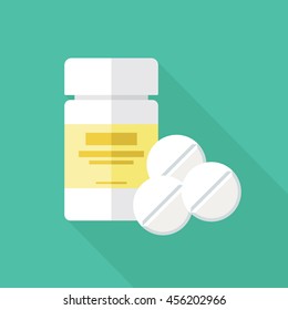 Medical packaging container and pills flat icon. White plastic bottle with medicaments and three tablets. Stylized medication symbol. Health care vector illustration.