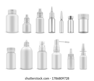 Medical packaging white realistic mockups set. Phial, jar, spray, vial, dropping bottle, flask plastic and glass. Lab supplies for biological, chemical projects. Vector medical bottles templates.