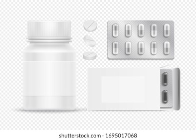 Medical packs. White pills plastic bottle and cardboard box. Realistic drugs in silver blister. Isolated antibiotic or aspirin tablets vector illustration