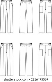 Medical pants flat sketch. Virus, coronavirus, covid 19 protection. Apparel design. Women CAD mockup. Technical drawing template. Vector illustration.