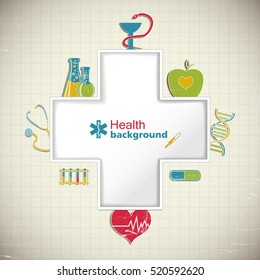 Medical paper background with cross pill and heart symbols realistic vector illustration