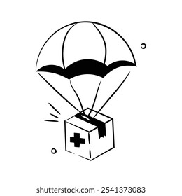 Medical parachute, air medical help, medical aid doodle vector, humanitarian aid