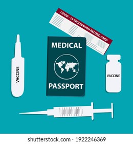 Medical passport, syringe, ampoule - vector. Travel for new needs. Prevention of Covid-19. Health care concept.