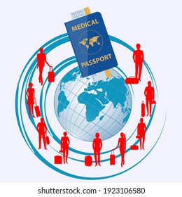 Medical passport, tourists with luggage, globe - vector. Travel with a new demand. Preventive action. Health care concept.