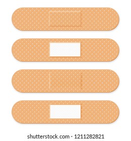 Medical patch, adhesive bandage. Set of elastic medical plasters in different shapes. Realistic first aid band plasters. Vector
