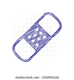 medical patch, simple icon. Hand drawn sketched picture with scribble fill. Blue ink. Doodle on white background