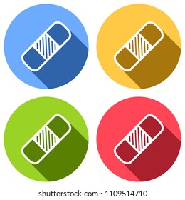 medical patch, simple icon. Set of white icons with long shadow on blue, orange, green and red colored circles. Sticker style