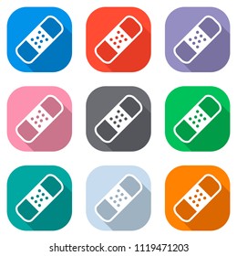 medical patch, simple icon. Set of white icons on colored squares for applications. Seamless and pattern for poster