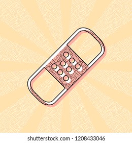 medical patch, simple icon. Vintage retro typography with offset printing effect. Dots poster with comics pop art background