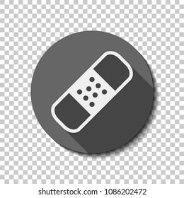 medical patch, simple icon. White flat icon with long shadow in circle on transparent background. Badge or sticker style