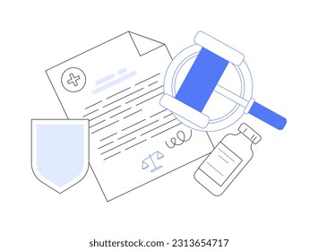 Ilustración vectorial de concepto abstracto de patente médica. Documento legal de patente médica, investigación clínica, preparación sin receta protegida por marca comercial, metáfora abstracta de la empresa farmacéutica.