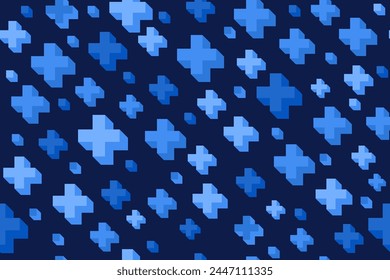 Medical pattern with abstract pluses. Vector healthcare dark background with blue crosses. 3D math symbol texture. Seamless illustration.