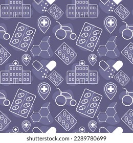 medical pattern with color elements of hospital building, pills, nanoset and wheelchair