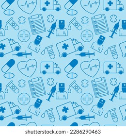 patrón médico con elementos de ambulancia, médico, tubo de ensayo, jeringa, cruz, pastillas, corazón y resultado de la prueba