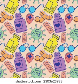 patrón médico con elementos de píldoras, virus, gafas, botella y ubicación geográfica