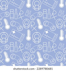 medical pattern with elements of thermometer, mrt, pills in a box, contact lenses, recipe logo and ampoules