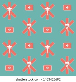 Medical pattern - first aid briefcase, cross and caduceus pharmacology symbol - green background - vector