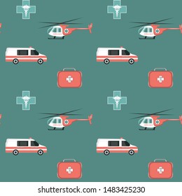 Medical pattern - helicopter, ambulance, first aid suitcase, cross and caduceus - green background - vector