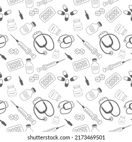 Medical pattern with the image of a syringe stethoscope pills