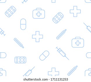 Medical pattern of linear icons. Set of medications for treatment. Background first aid kit, thermometer, pills, medicines, syringe, life cross. Vector illustration on white background