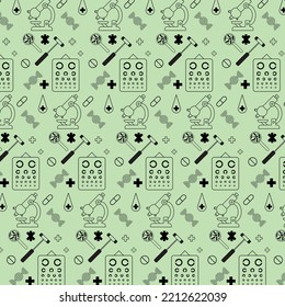 medical pattern with pills crosses drops microscope dna c chart medical hammer magnifying glass