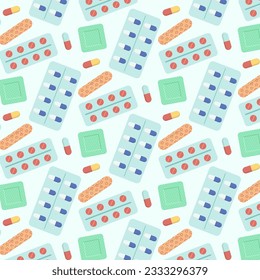 Patrón Médico Con Píldoras Y Patchas. Ilustración de vectores de estilo plano para fondo