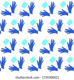 Medical pattern. Seamless pattern of protective masks and nitrile gloves. Accessories for protection against coronavirus.Vector flat illustration isolated on white background. Pharmacy. COVID-2019