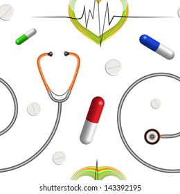 medical pattern with stethoscope, heart graph and pills, abstract seamless texture, vector art illustration