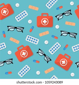 medical pattern, vector pattern from the objects of the doctor: first aid kit, glasses, plaster, pills, background for the hospital