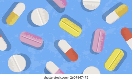 Medical patterned background with capsules and pills. Seamless pattern made with various pharmaceutical drugs. Textured vector illustration.