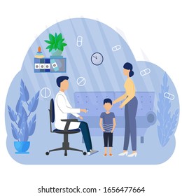 Medical, pediatric, vaccination concept flat vector illustration. Doctor making examination and injection for little boy. Hospital cabinet.