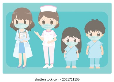 Medical people, doctor, nurse and patient boy and girl wearing surgical mask flat vector design set.